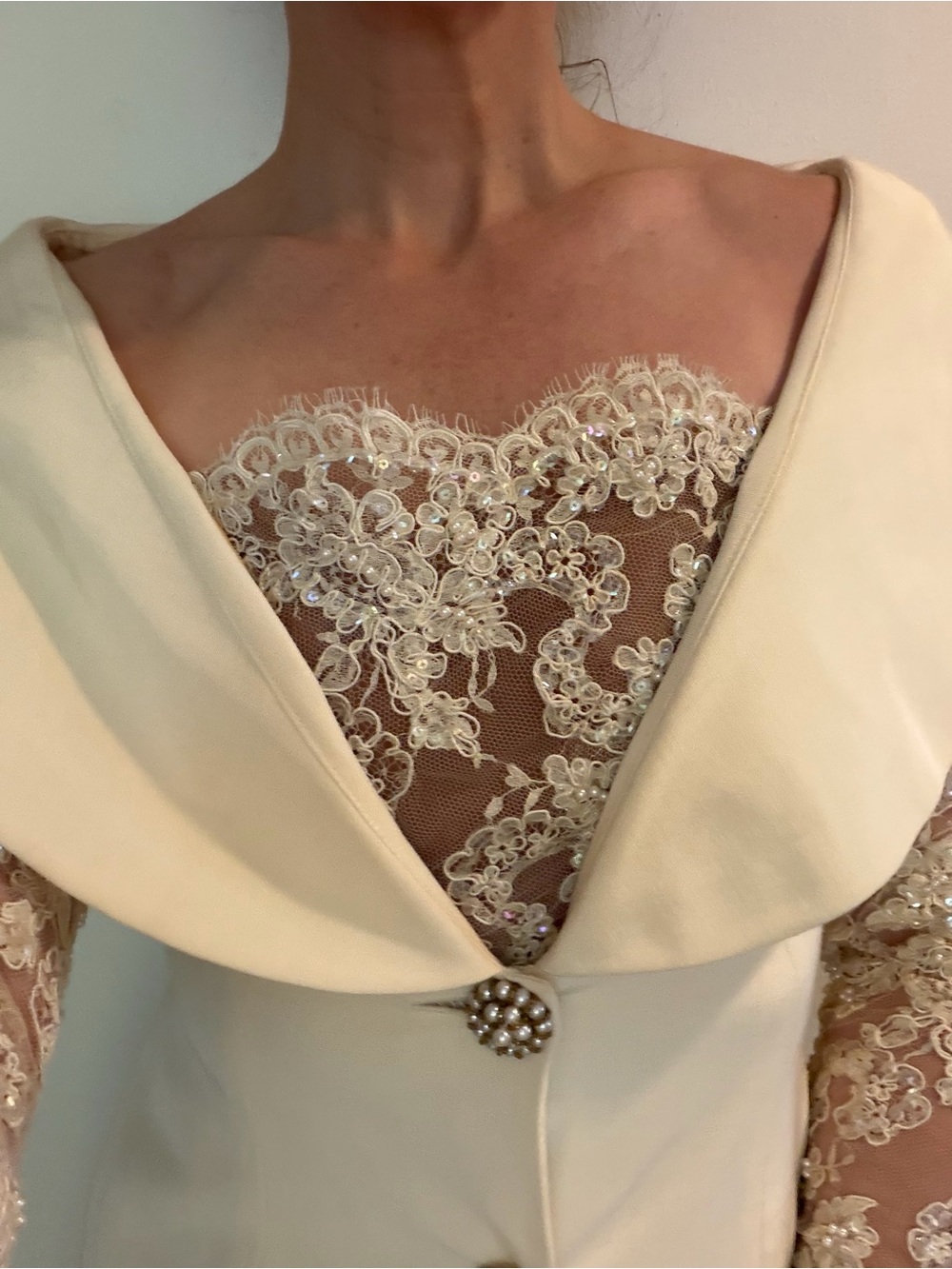 Ivory Lace-Front Women’s Top with Pearl Button